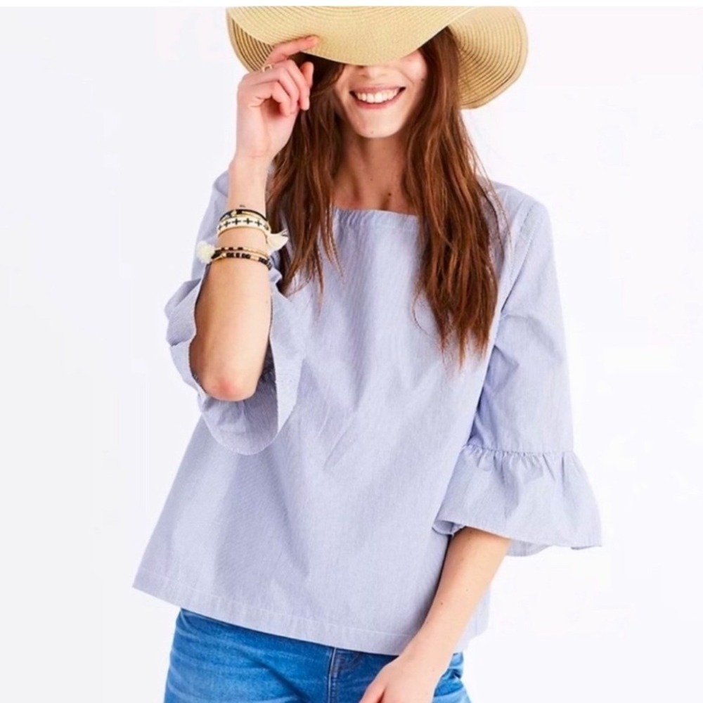 Madewell Pinstripe Blouse‎ Womens Medium Blue Excellent Ruffle Bell Sleeve Top